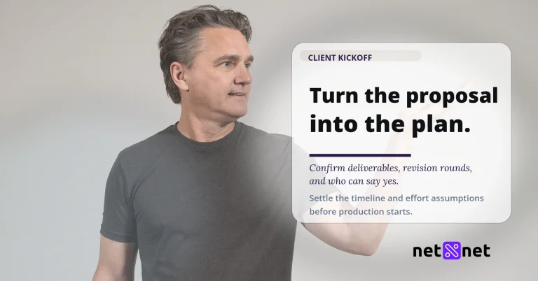 Editorial card reading Turn the proposal into the plan, on running a client kickoff