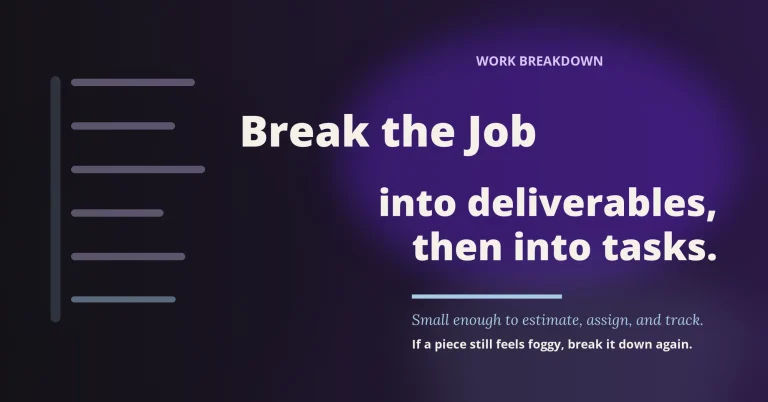 Editorial card reading Break the Job into deliverables, then into tasks, on work breakdown structure
