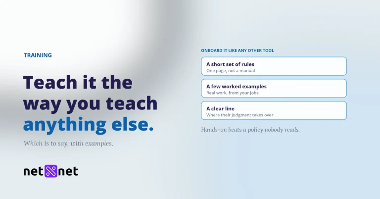 Three onboarding steps for introducing AI to a team, beside the words Teach it the way you teach anything else.