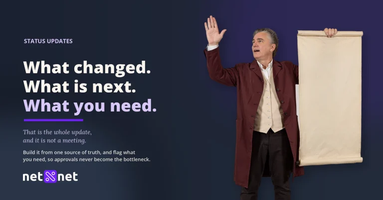 A town crier holding a blank scroll mid announcement, beside the words What changed. What is next. What you need.