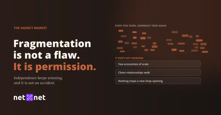 An irregular scatter of small independent firms, beside the words Fragmentation is not a flaw. It is permission.