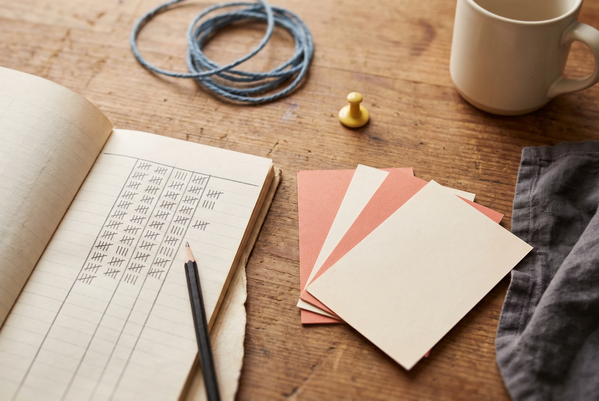 A hand-kept before-and-after effort ledger on a studio worktable.