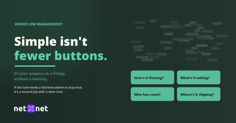 Four solid green blocks beside a faded tangle of grey cards, with the words Simple isn't fewer buttons.