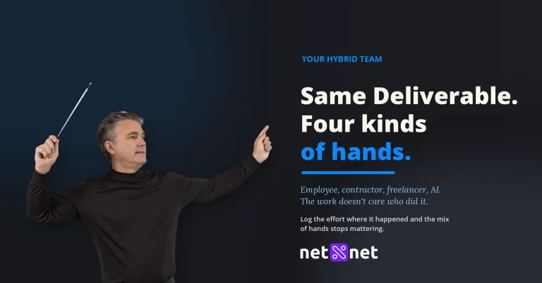 A conductor with baton raised, beside the words Same Deliverable. Four kinds of hands.